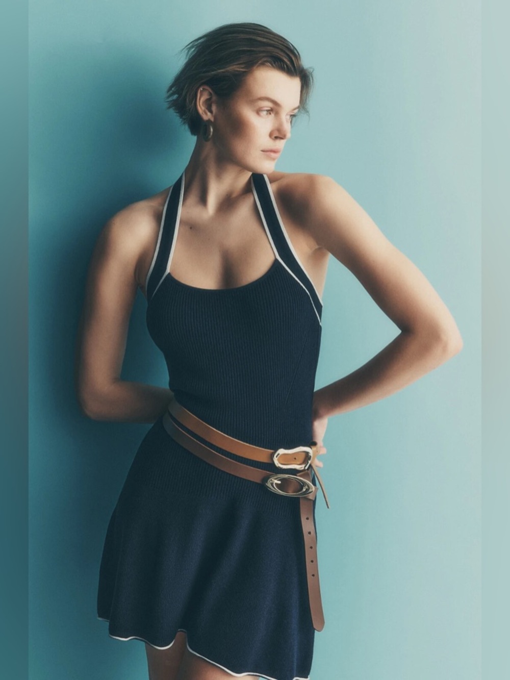 NWT Daily Practice by Anthropologie Full Speed Halter Ribbed Mini Dress L "Navy"